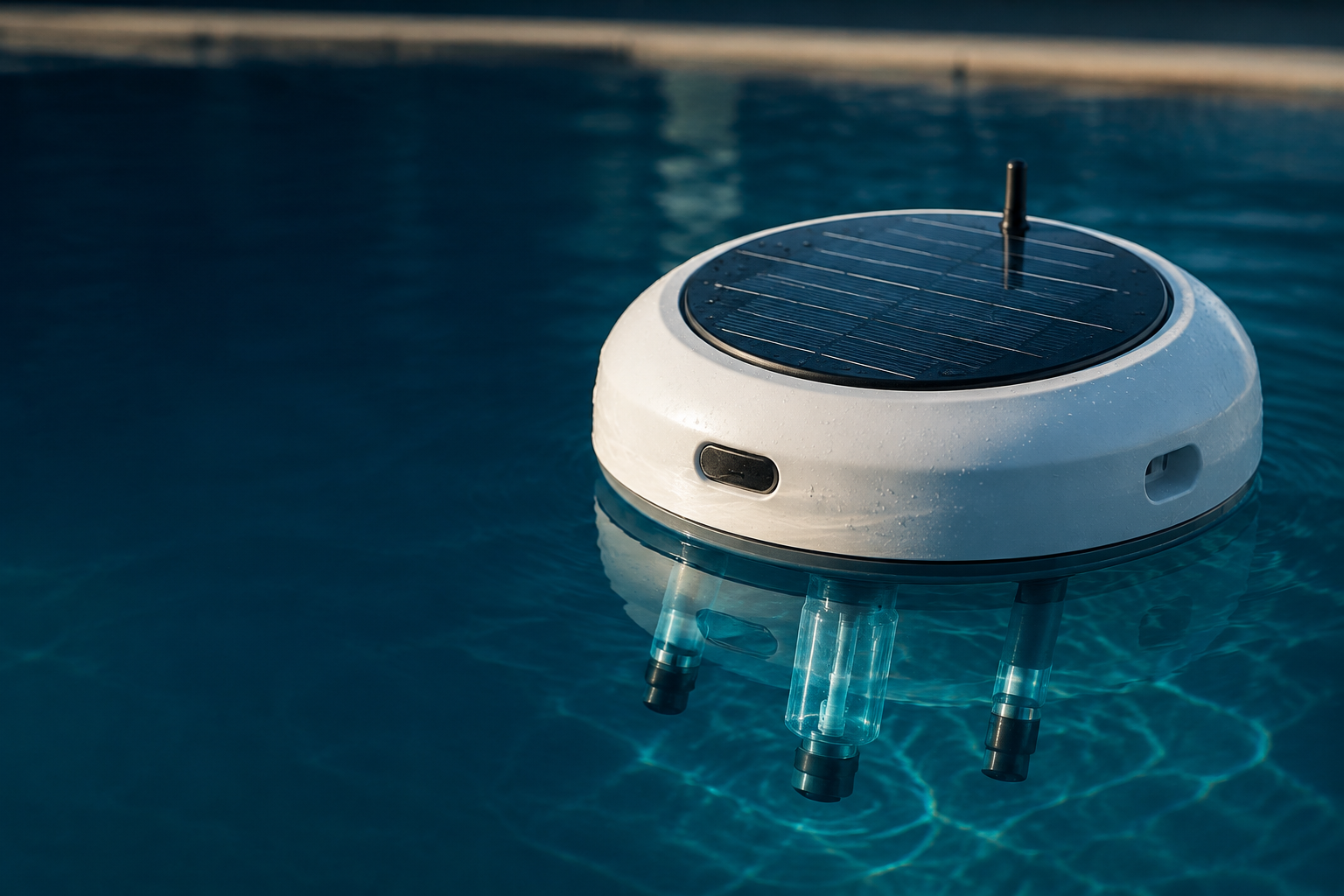Concepto de PoolBot flotando en agua azul, con panel solar y sondas sumergidas.